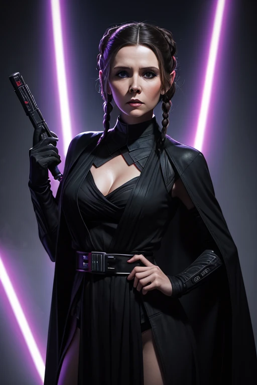 <lora:princessleia-07:0.6> , princessleia, , photo of a woman,masterpiece, best quality, 1girl, solo, ((long double braids):1.1), ((pale skin)), ((dark lipstick, heavy eyeliner, heavy eye shadow, goth makeup):1.2),((cowboy shot, waist, hips, thighs):1.2), ((walking, outdoors, detailed scifi city, colorful lights, at night):1.2), ((black cape, turtleneck leotard, lightsaber)), ((beautiful eyes, detailed eyes, beautiful face, detailed face):1.2), ((best quality, masterpiece, extreme details, high resolution):1.2)