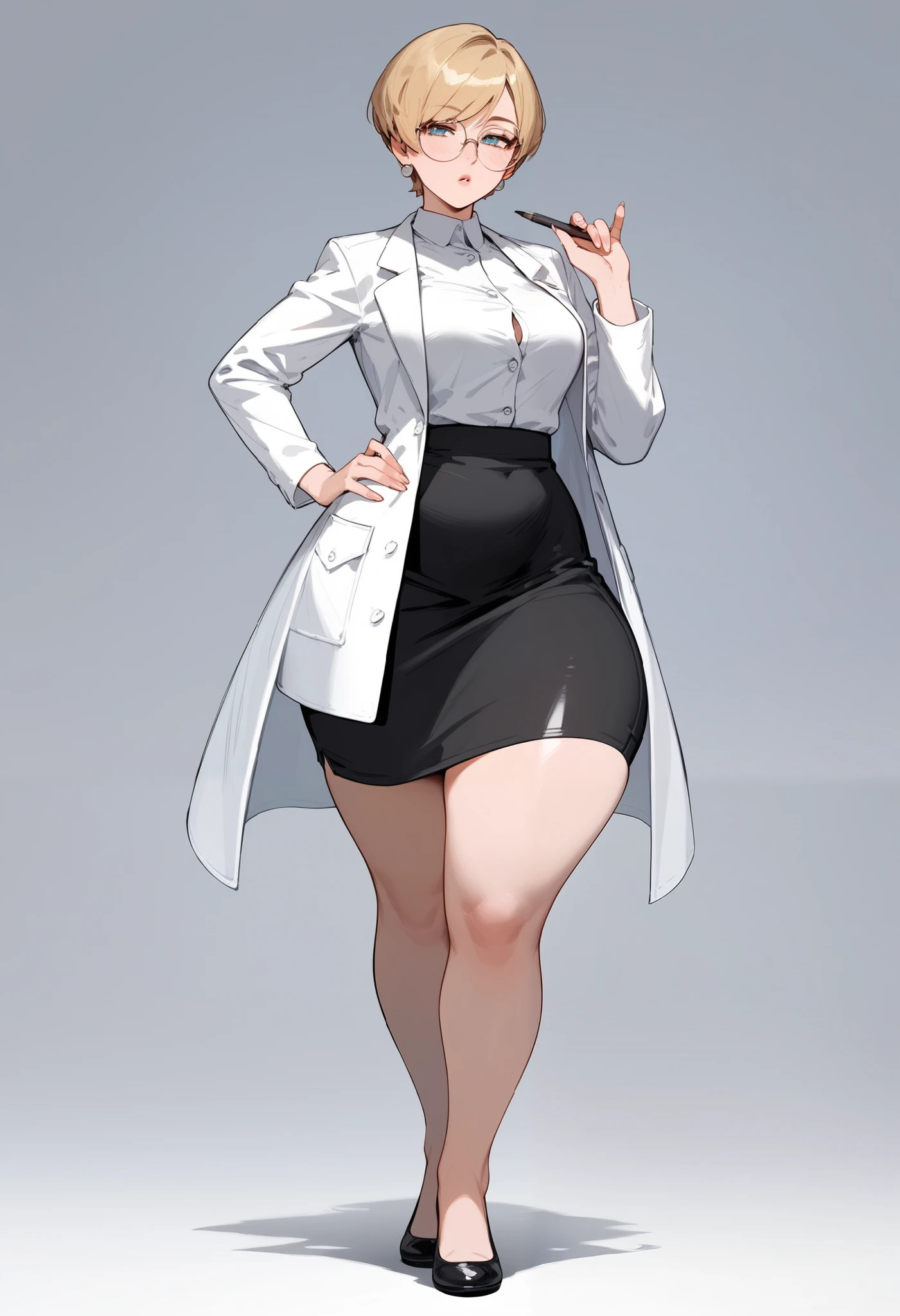 (score_9,score_8_up,score_7_up) 1lady, mature female, adult woman, very short hair, round face, pixie cut hairstyle, blonde hair, wearing glasses, white button up shirt, white lab coat, tight long pencil skirt, very long skirt, long black pencil skirt, half lidded eyes, hand on hip, blank expression, pale, thick thighs, ballerina flats shoes, black footwear, wide hips, standing upright, full body shown, medium breasts, thick legs, massive thighs, older woman, hourglass bodyfigure, long fingernails, natural nails