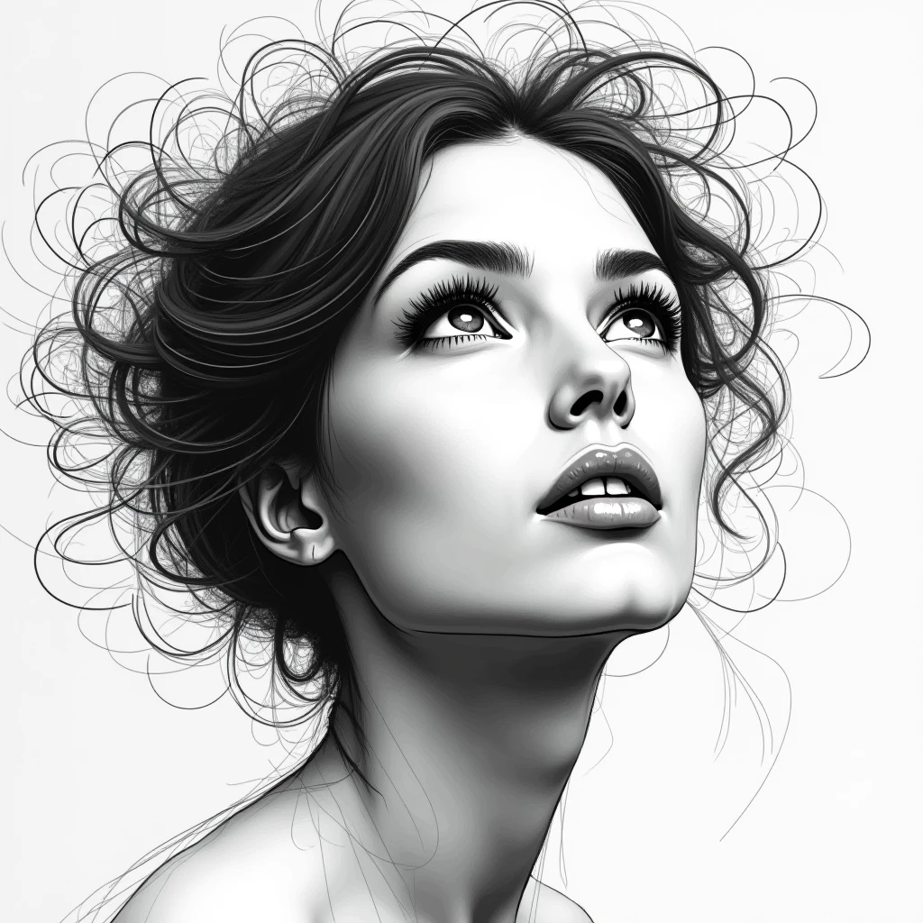 (Best quality,4K,A high resolution,Masterpiece:1.4), Black and white style, Beautiful women, long and flowing hair,Realistic face, Masterpiece, High details, Sketch 1 with a pencil.4, Ink Sketch 1.4, Beach background, High-detail lighting, Slight smile, Fair skin, Isolated in a spacious space, Wide white margins