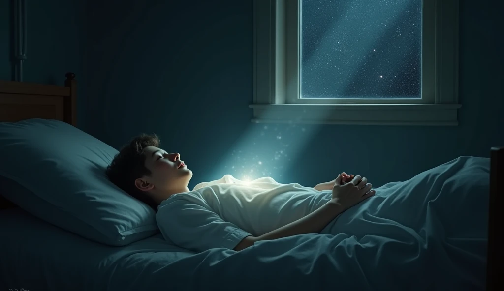Dream-like image of a 47-year-old man in a very serious condition and in a coma due to COVID 19 and is in intensive care. He lies on a bed looking towards an infinite glass door that divides the forest. It's night and there are stars, In the forest there is a group of human silhouettes like holograms and they are kneeling praying and looking at the night sky from left to right