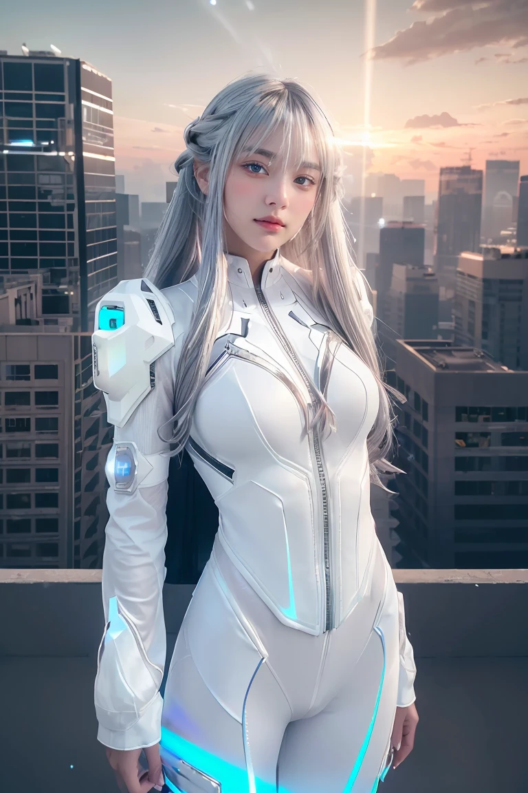 ((masterpiece, best quality, extremely detailed), volumetric lighting, ambient occlusion, colorful, glowing), 
1girl, solo, young girl, (silver hair), long hair, halo, aura, sacred, goddess, cyber suit, (white outfit:1.3), 
outdoors, sunset, sky, clouds, space, (cyberpunk theme:1.2),