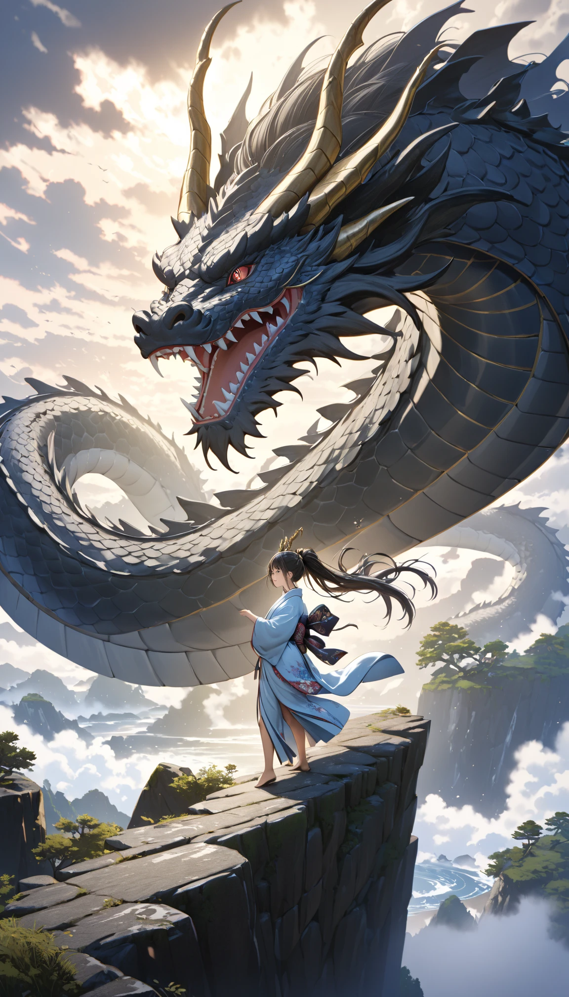 masterpiece, high quality, high resolution, 16K, highly detailed background, digital painting, unreal engine, Makoto Shinkai illustration, hyperrealistic, fantasy, petite girl in kimono, dragon horns, some skin with dragon scales, long eyelashes, beautiful face, beautiful skin, full body, black ponytail, two-tone hair, black eyes, white Kimono, finely drawn ancient black giant dragon threatening, dragon protecting girl, on cliff, dynamic angle