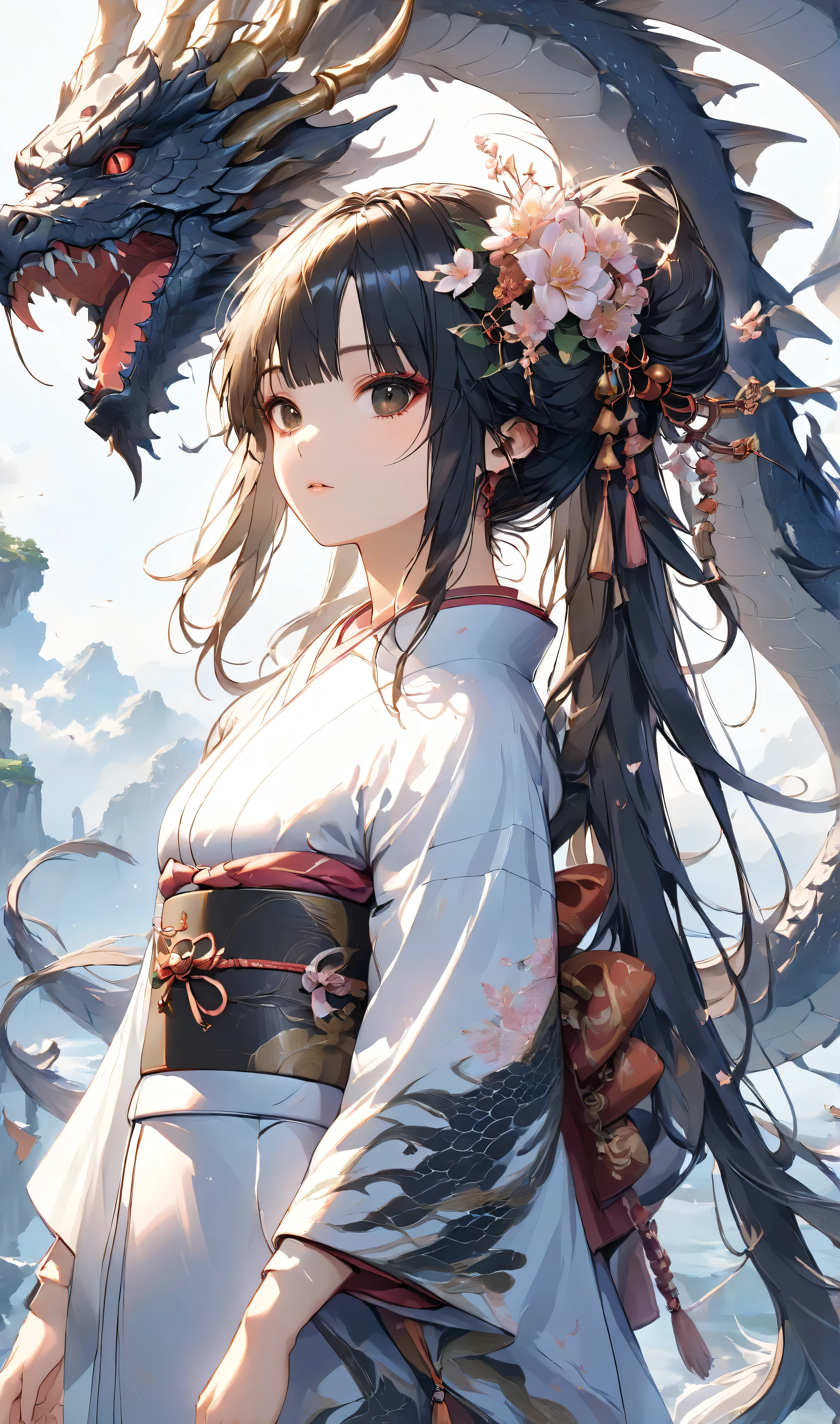 masterpiece, high quality, high resolution, 16K, highly detailed background, digital painting, unreal engine, Makoto Shinkai illustration, hyperrealistic, fantasy, petite girl in kimono, dragon horns, some skin with dragon scales, long eyelashes, beautiful face, beautiful skin, full body, black ponytail, two-tone hair, black eyes, white Kimono, finely drawn ancient black giant dragon threatening, dragon protecting girl, on cliff, dynamic angle