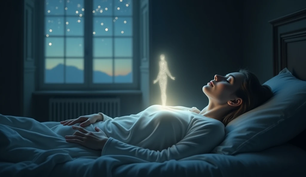 Extraterrestrial Medbed to a man lying on a bed with a holographic laptop on it, holograma pairando em torno dela, quality astral projection rendering, the image is futuristic, cinematic hologram, fios de energia no ar, tecnologia do futuro, Holographic projection, um holograma, floating dust particles, um quarto cristalino, transparent holographic being, sofas vibrating and melting