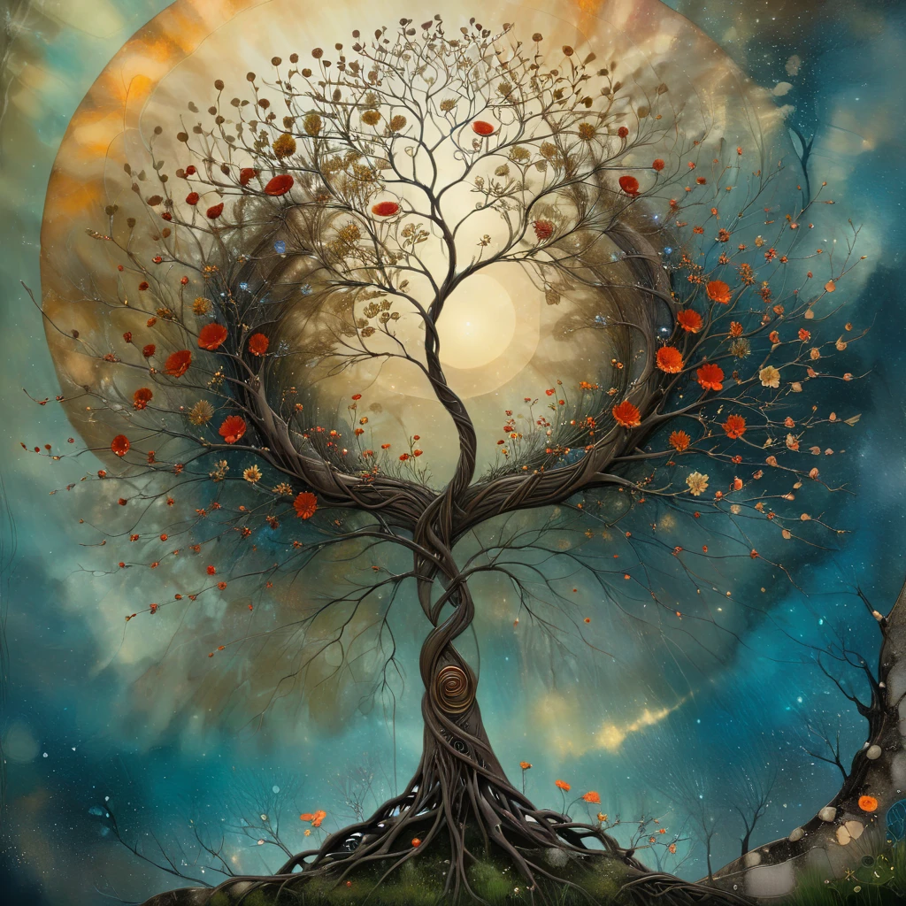 oil and acrylic painting. In the style of Andy Kehoe and Tracy Grimwood, Catrin Welz-Stein, Klimt. yggdrasill tree is a woman (breasts naked) on a tuff promontory opalecent . The tree's trunk is twisted, cracked, its branches are of transparent blown glass expanding toward the sky in ellipses , its large roots are of rusty metal and sink into the ground. Dandelion flowers, poppies, swamp flowers, cherry blossoms, peach blossoms bloom. Sun disc-shaped polychrome buds with marbled spirals, sun rays like strands of coral. Warm colors, ochre yellows, browns, shades of blue, reds .
