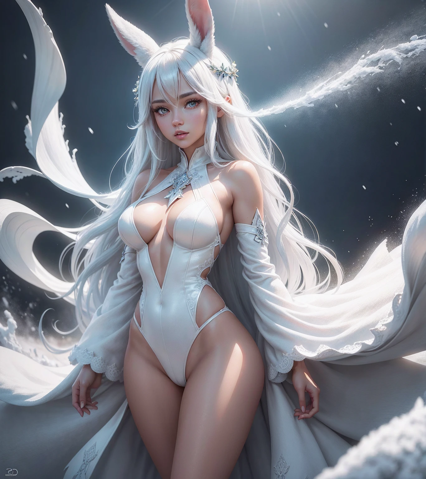 She's a polar bear beastman, so she doesn't wear any clothes.、white and beautiful skin、Hairless labia、silver eyes、cute smile、bun hair、Completely naked、Squirting、Wetting、