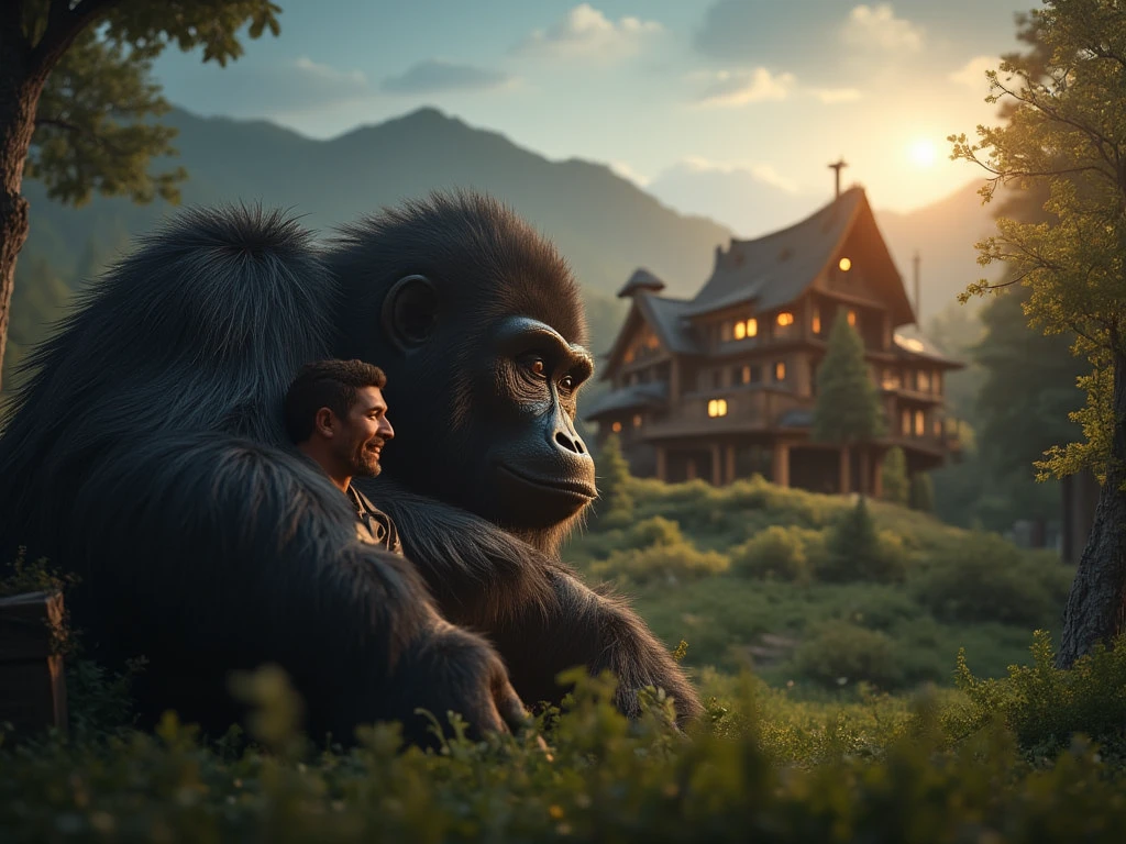  A Man With A Giant Gorilla near a cozy house illuminated by warm lights .  A man embraces a Giant Gorilla who has a Burly Body Poster looking contemplatively against a background of lush greenery and a bright sky shining. The scenery conveys a sense of adventure and community in daylight .