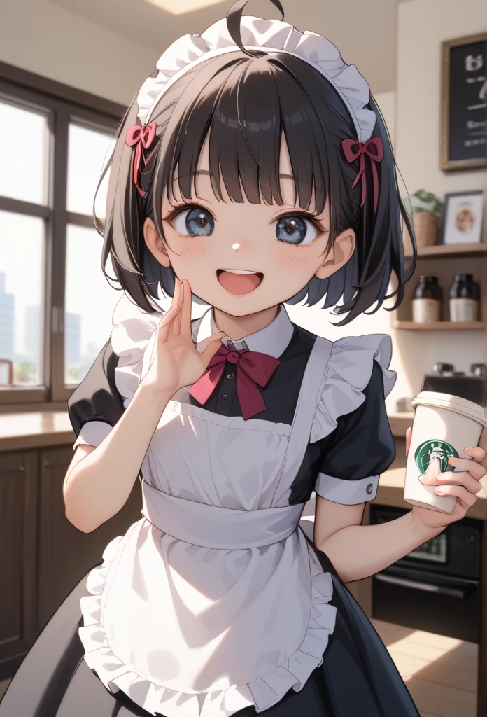 Inside the coffee shop、black maid dress、 Maid Apron 、 laughing, white headdress、 anime style,  high definition ,  textured skin,  Close Your Eyes 、smile、 out of your belly button、 1 girl ,  big eyes、 Shortcut,  black hair, Ahoge, NSFW、 female 