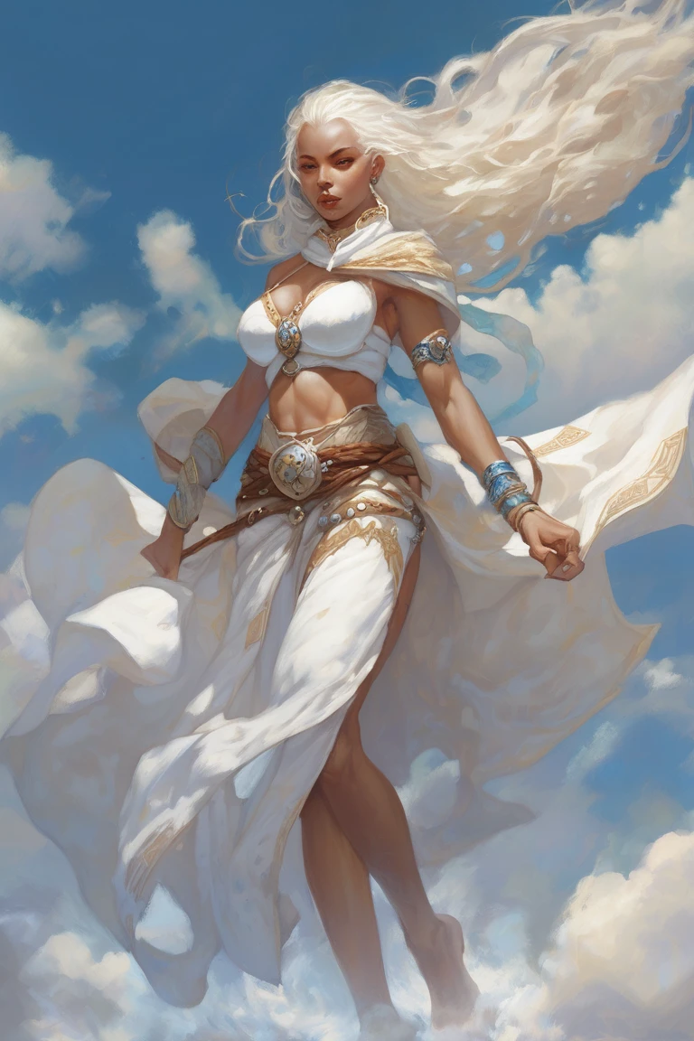 DND Race (Air genasi) Female, light dressed, revealing clothes, white skin, clouds, big boobs