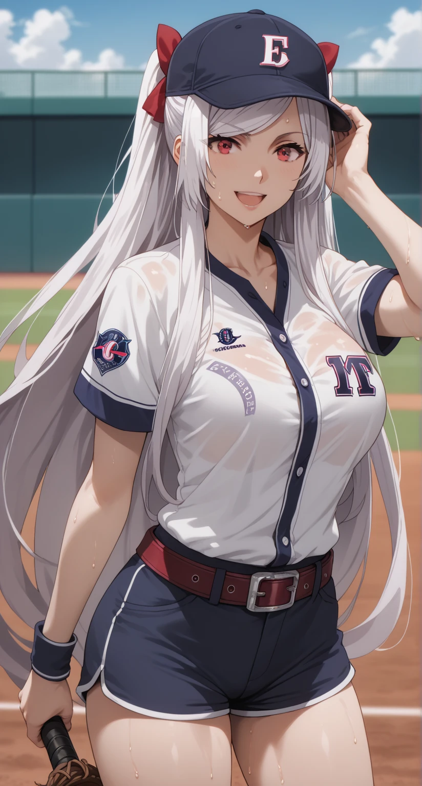  source anime ,  girl,  fit girl , score_9,  score_8_up,  score_7_up,  score_6_up,  uncensored,  Alexia Midgall,  long hair, very  long hair, black hair ribbon,  white hair, red eyes, sidelocks, ribbon, big breast, Improve, 1人の girl, baseball_uniform,  have , sportswear, Shorts, chest, belt, baseball_ cap, big_chest, open_mouth, sweat,  pantyhose, Alone_concentrated, Thighs, clothes_Writing, smile