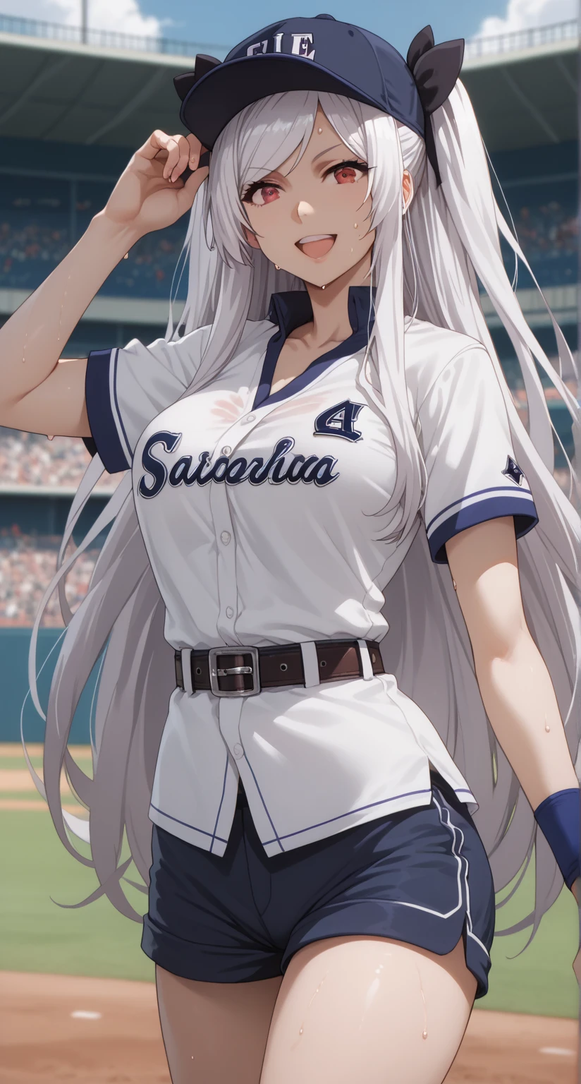  source anime ,  girl,  fit girl , score_9,  score_8_up,  score_7_up,  score_6_up,  uncensored,  Alexia Midgall,  long hair, very  long hair, black hair ribbon,  white hair, red eyes, sidelocks, ribbon, big breast, Improve, 1人の girl, baseball_uniform,  have , sportswear, Shorts, chest, belt, baseball_ cap, big_chest, open_mouth, sweat,  pantyhose, Alone_concentrated, Thighs, clothes_Writing, smile