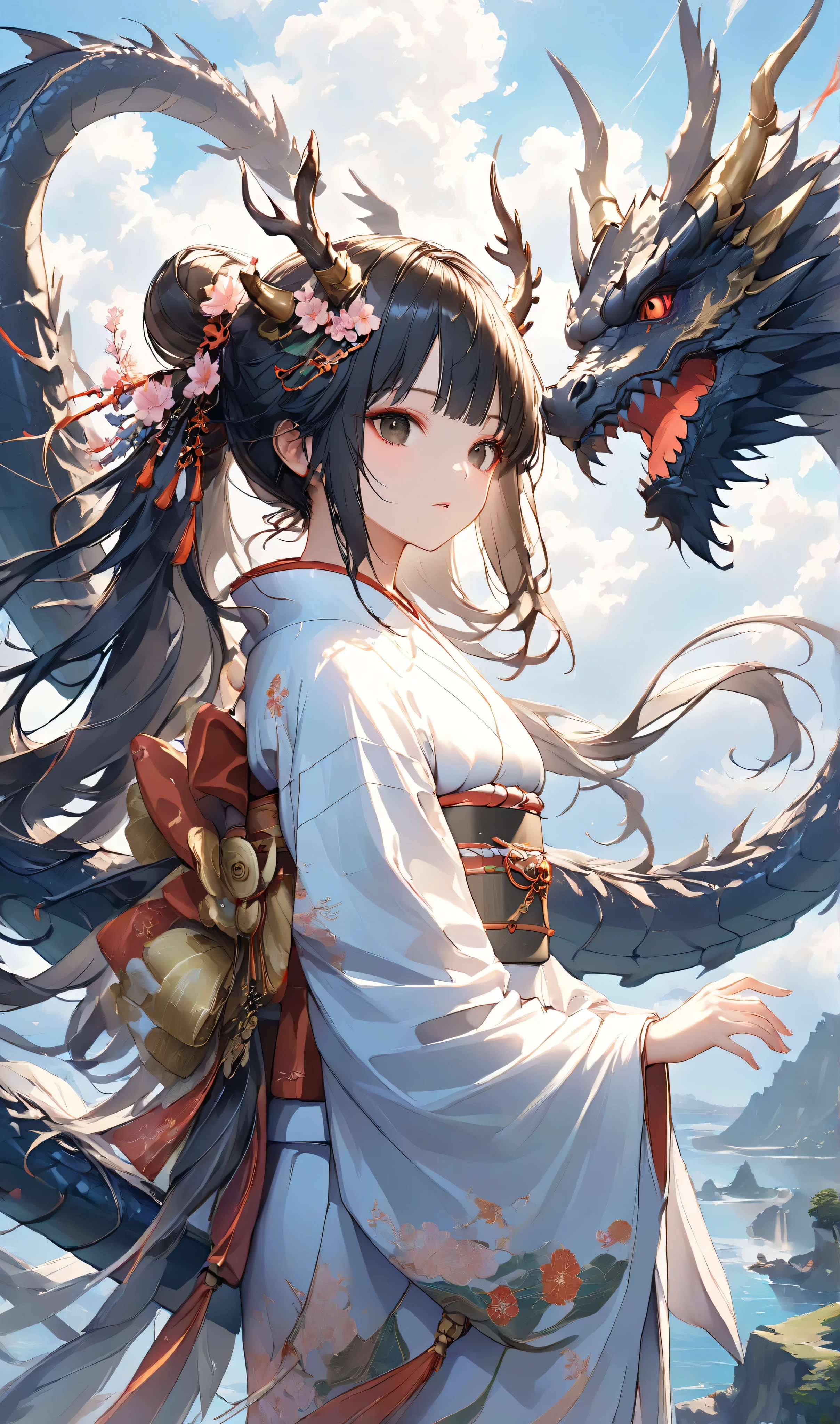 masterpiece, high quality, high resolution, 16K, highly detailed background, digital painting, unreal engine, Makoto Shinkai illustration, hyperrealistic, fantasy, petite girl in kimono, dragon horns, some skin with dragon scales, long eyelashes, beautiful face, beautiful skin, full body, black ponytail, two-tone hair, black eyes, white Kimono, finely drawn ancient black giant dragon threatening, dragon protecting girl, on cliff, dynamic angle