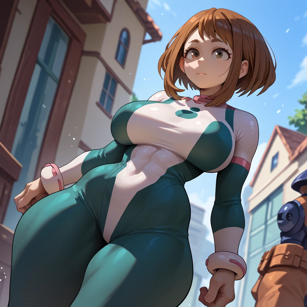 Wide hips, thick thighs,, Ochako uraraka,big breasts,hero suit,tight,standing