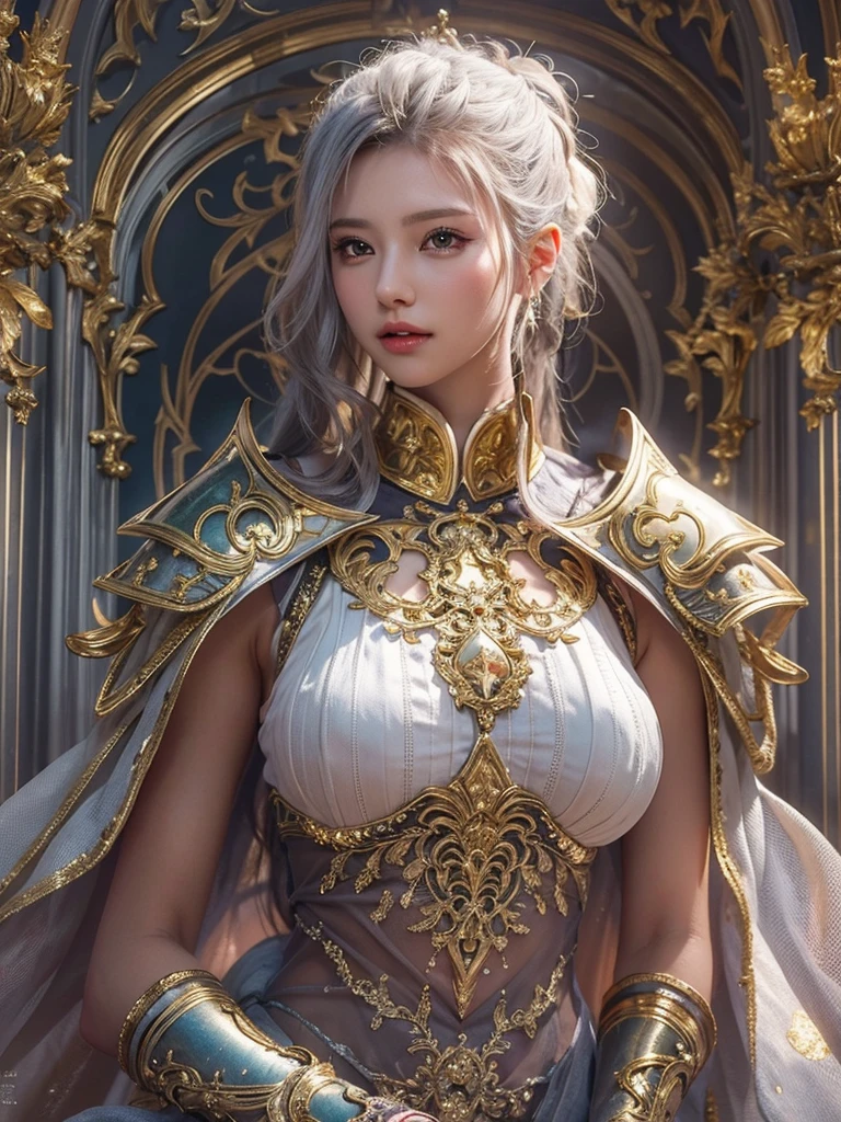 (Masterpiece:1.2), best quality, (illustration:1.2), (ultra-detailed), hyper details, (delicate detailed), (intricate details), (cinematic light, best quality Backlights), clear line, from below, soloist, perfect body, (1girl), white hair and yellow eyes, (emperor, black see-through clothes), (crown: 1.1), sitting on the throne, eyes slightly closed, head down, (shy: 1.2 ), (makeup), high contrast, (best illumination, an extremely create and beautiful), (cinematic light), colorful,