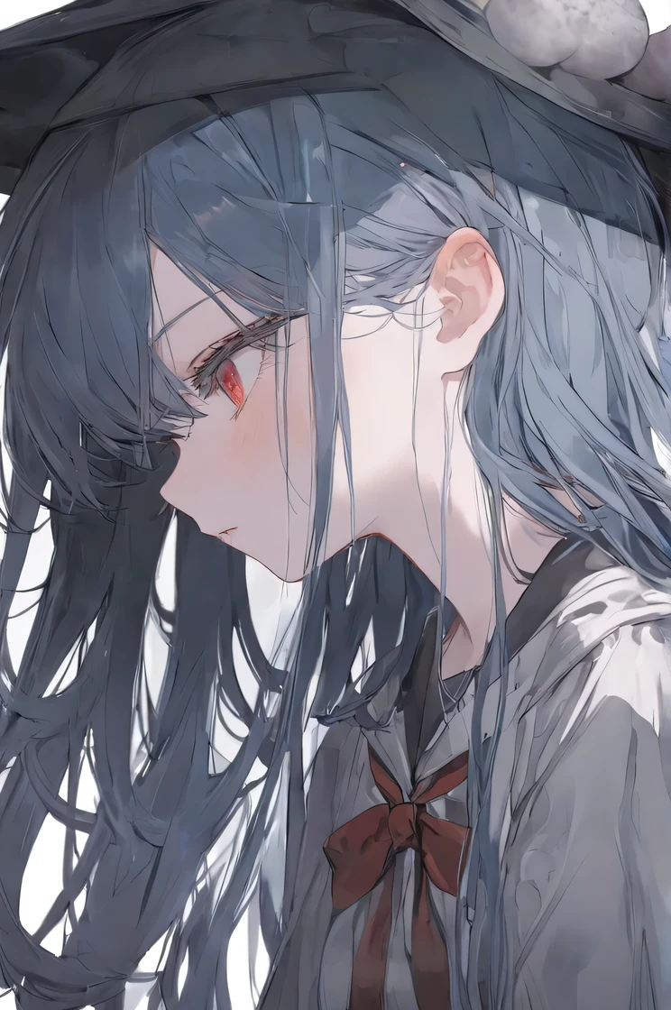 , Top quality , Best Quality , Official Art ,cool, beautiful, And pick , Very Detailed (Fractional art 1 .2),most detailed, a girl , expressionless faces , Dark blue long hair , wearing a wizard hat, dark red eyes , Very Detailed , high detail , Faint Color ,Looking up at the camera,Reach forward,profile