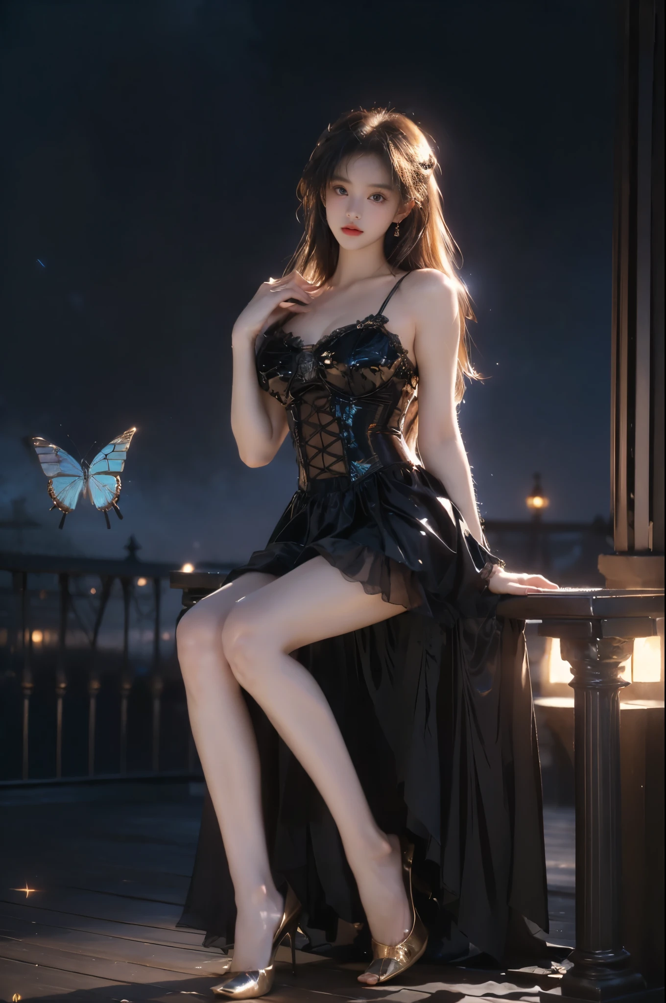 tutututu
black short sleeveless dress
see-through ((full body:1.4)), ((a beautiful fashion model)), ((in the ancient gazebo, antique in color, leaning against the ornate pillars of the gazebo under a starry night sky)), ((warm ambient lighting with a golden glow)), (anatomically perfect legs:1.4), (long slender legs:1.3), (professional fashion model pose, t-walk proportions), ((blue plasma flames subtly illuminating the scene)), (surrounded by glowing butterflies dancing in the air), ((leaning forward with one hand resting on her knee)), (elegant pose, full breasts with visible cleavage, very short hemlines revealing smooth thighs), (professional fashion model pose), (photorealistic, hyperrealistic details, perfect facial features), (fashion photography with professional lighting), (golden ratio composition), (perfect symmetry, sharp focus), (captured with a Canon EOS R5, 85mm portrait lens), (dramatic and volumetric lighting, cinematic effect), (ultra-detailed textures, 8k resolution), (high-end fashion editorial), ((nighttime ambiance with contrasting warm and cool tones)).