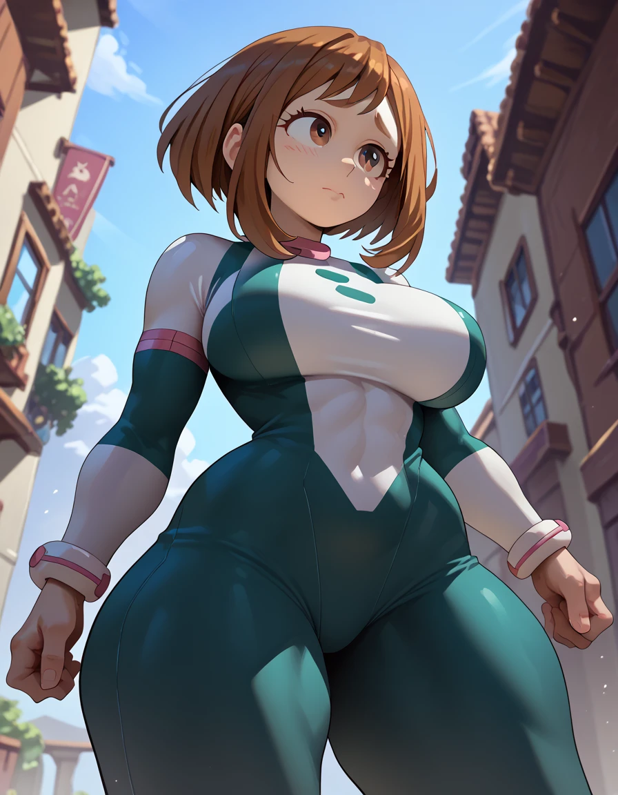 Wide hips, thick thighs,, Ochako uraraka,big breasts,hero suit,tight,standing,