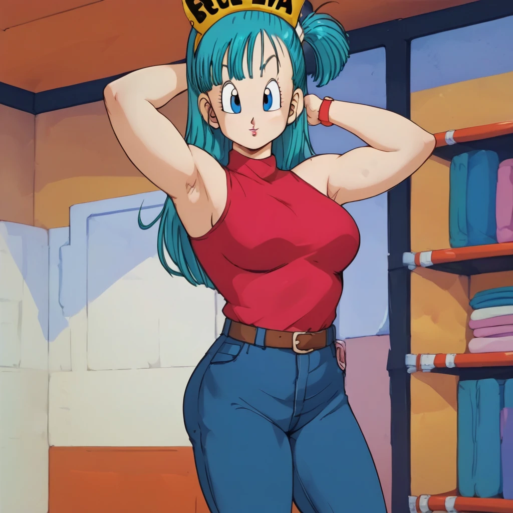 , Bulma \( dragon ball\), long hair, Aqua Hair, blue eyes wristwatch, desnuda,  jeans pants , clavicle,   inner room  ,  Curvy young woman ,  big breasts and big butt ,  poses with arms raised at her sides, making a fist ,  showing her armpits, chubby, curvy body