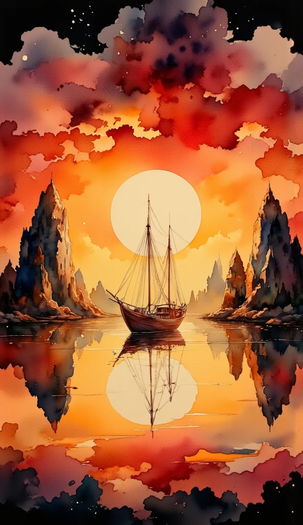 ink and watercolour seascape on black paper, calm seas, at sunset.  (Chinese junk) black silhouette, sailing in front of the sun, sun reflects across the sea, islands (black silhouette) in the background. red and yellow and orange and black