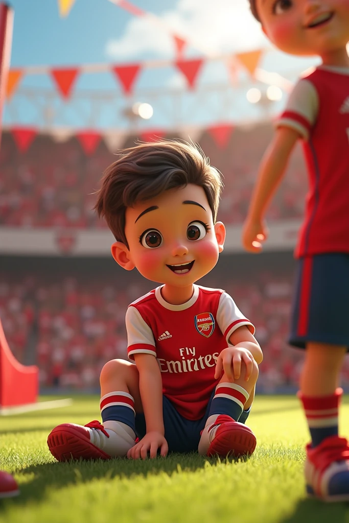 I want an image of a Disney Pixar film cover in which a child watches a football game wearing a Sport Lisboa e Benfica shirt