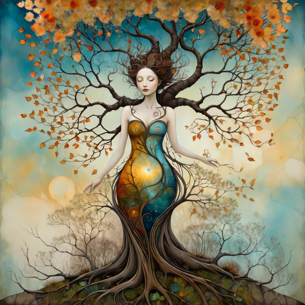 oil and acrylic painting, stained leaves and ink. In the style of Andy Kehoe and Tracy Grimwood, Catrin Welz-Stein, Klimt. yggdrasill tree is a woman (breasts naked), transparent dress on a tuff promontory opalecent . The tree's trunk is twisted, cracked, its branches are of transparent blown glass expanding toward the sky in ellipses , its large roots are of rusty metal and sink into the ground. Dandelion flowers, poppies, swamp flowers, cherry blossoms, peach blossoms bloom. Sun disc-shaped polychrome buds with marbled spirals, sun rays like strands of coral. Warm colors, ochre yellows, browns, shades of blue, reds .
