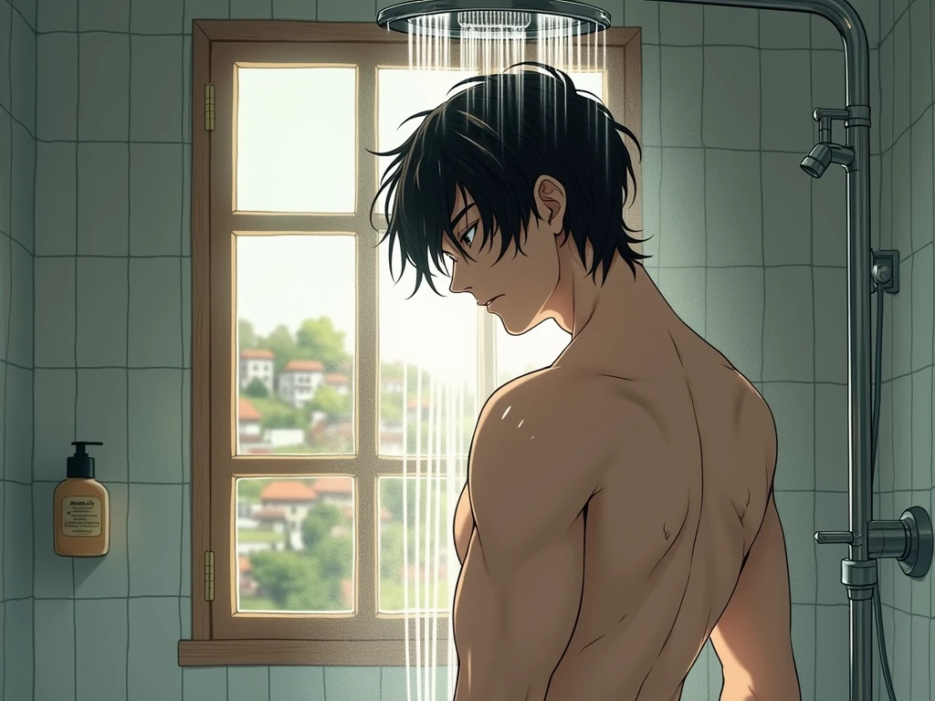 (1man), solo, beautiful detailed eyes, {{{masterpiece}}}, {{{best quality}}}, {{ultra-detailed}}, {illustration}, cinematic angle, {beautiful detailed eyes}, {detailed light},cinematic lighting. A man taking a refreshing shower in a modern, minimalist bathroom. The man stands under a rainfall showerhead, with water cascading over his toned physique. Droplets shimmer on his skin, reflecting the soft ambient lighting in the room. The bathroom features sleek, clean lines, with polished chrome fixtures and smooth stone tiles. The air is filled with the invigorating scent of citrus, adding to the sense of freshness. A glass partition separates the shower area from the rest of the bathroom, allowing natural light to flow through and creating an open and spacious atmosphere. The sound of running water and the gentle patter of droplets on the tiled floor create a soothing soundtrack. The scene represents a moment of rejuvenation and self-care, capturing the beauty of simplicity and cleanliness.