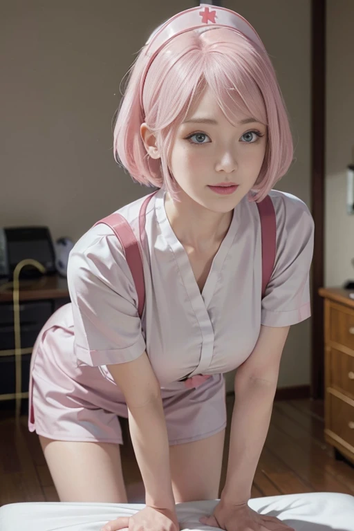 8K, top-quality, masterpiece:1,2), (reallistic, Photorealsitic:1.37), Super Detail, One girl,), (Highly detailed), (beautifully detailed eyes), (of the highest quality), (super detailed ), (masterpiece), (Detailed face),20yr old, ,1 girl, ((pink hair,Very short hair)), medium breasts, clothed, Perfect Lighting, BREAK (pink costume:1.3), (white latex leotard:1.2), open shirt, (formal nurse pink costume:1.5), lowleg nurse costume shorts, zettai ryouiki, fishnet stockings tights, garter belt, lace, BREAK (pink very short hair:1.3), bangs on left side, right ear exposed, fluffy hair texture, smiling gently, eyes looking at camera, mouth slightly open, no teeth, cheeks lightly red, right hand opening white costume collar, left hand wearing white lace glove, crossing arms on chest, shoulders back, chest emphasized, hospital bedroom, white curtain, sheet, pillow, stethoscope, syringe on bed, natural and artificial light mix, sunlight from window, ceiling light, light color white and blue, soft shadow