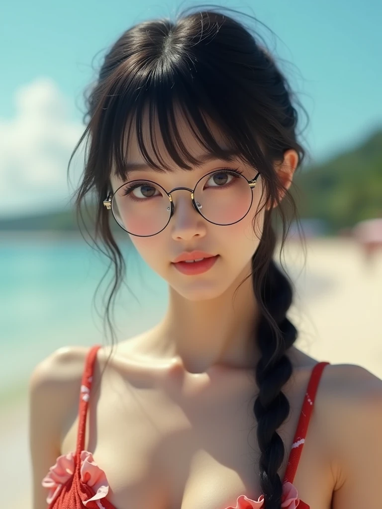 best quality, 8k, very delicate and beautiful, highly detailed face and skin texture, shiny skin, high resolution, cute tiny japanese glasses girl in bikini on the beach, sharp focus