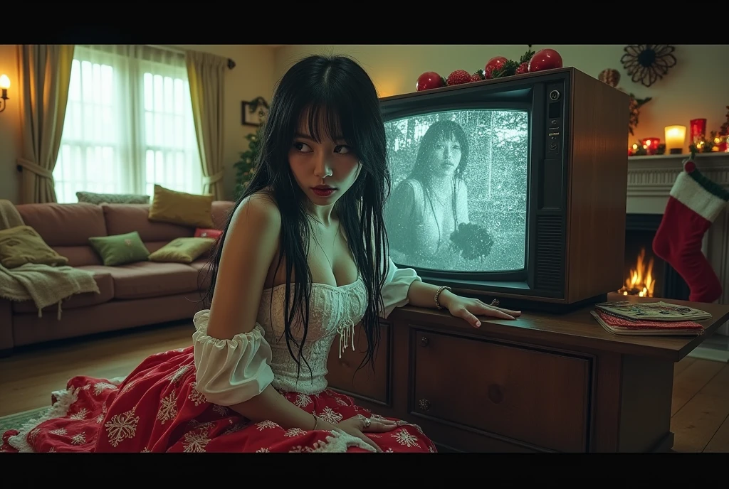 (horror, Ringu) (a cute woman, drowned ghost, scary face, long wet hair, decayed Christmas gown, pale skin, large breasts, amazing ass) is crawling out of a static filled tv screen, into a Christmas themed living room
