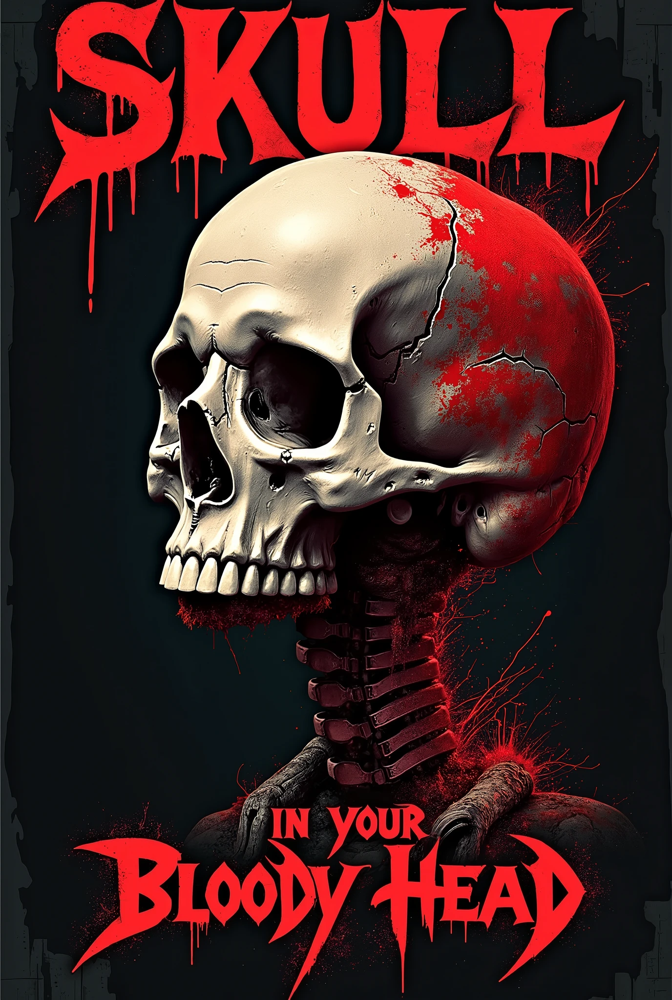 metal rock band called 'Skull in your Bloody Head', put the band name in the image, with detailed lyrics