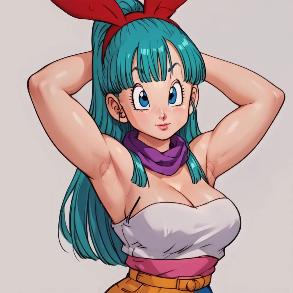 , Bulma \( dragon ball\), long hair, Aqua Hair, Blue eyes, desnuda,   inner room  ,  Curvy young woman ,  big breasts and big butt ,  poses with arms raised at her sides, making a fist ,  showing her armpits, chubby, curvy body