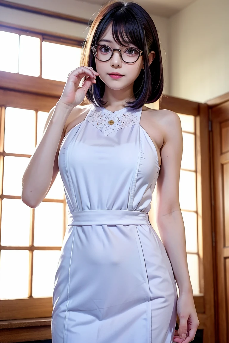 panel anime  :   girl,   white skin,   purple eyes ,   short wavy white hair,   I wear glasses ,  formal clothes  ,nsfw, 