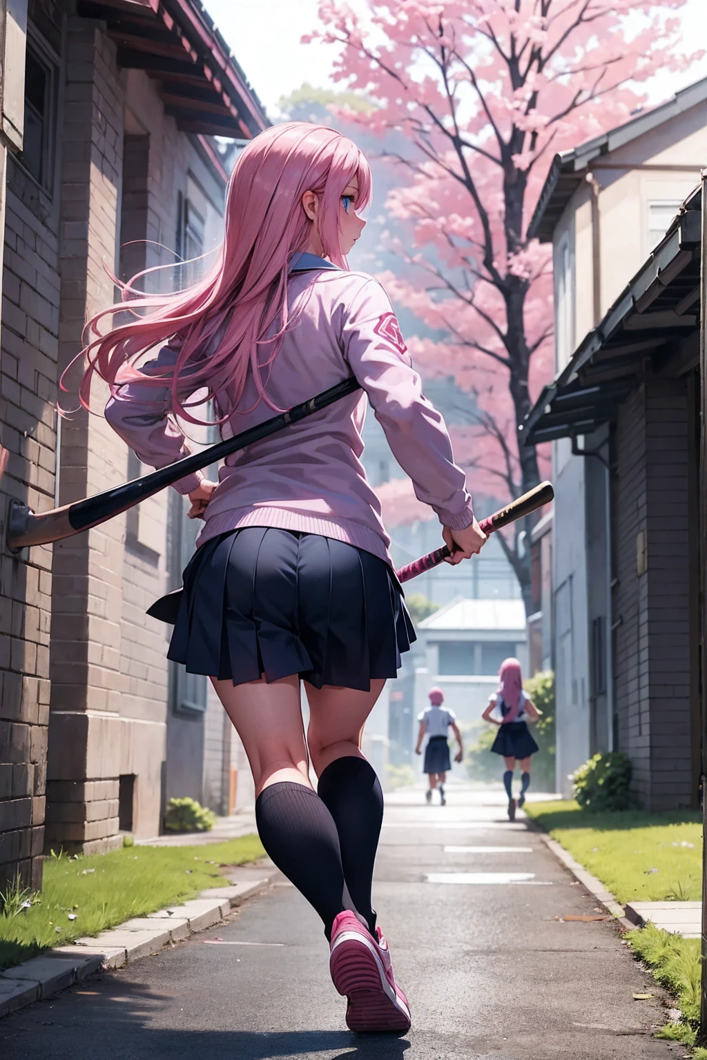 Pink haired girl,  realistic detailed blue eyes,  big ass, wearing school uniform, holding a bat,running with his friends , Running away from the zombies, at his school 