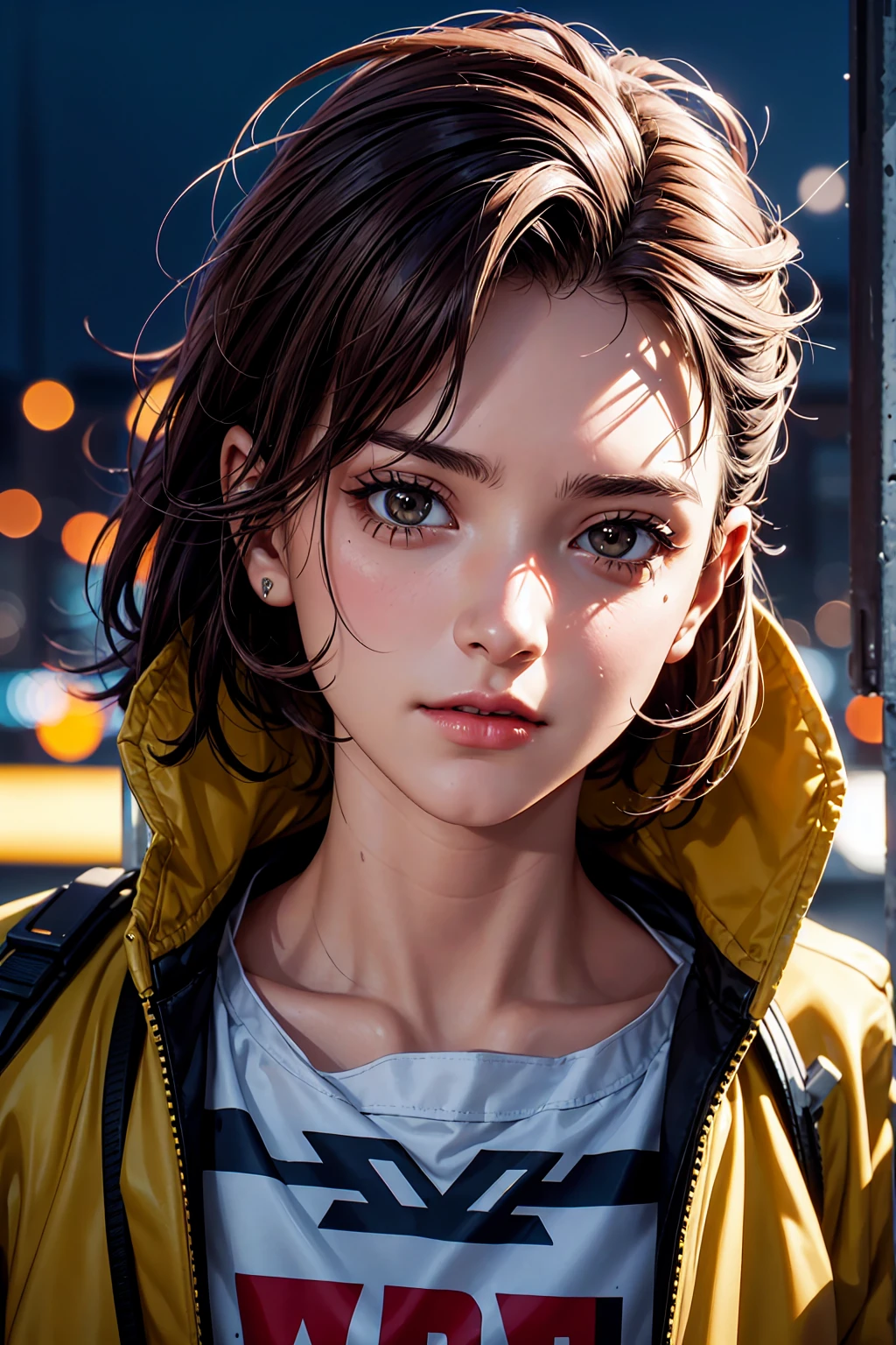  RAW photos ,  close-up portrait photo of her 20 year old girlfriend. 1 boy, Alone,  realistic , shirt, jacket,  cyberpunk , Spiked Hair, brown hair, yellow  jacket, The background is a ruined city , ( high detail skin:1.2),  8K HD Streaming,  DSLR ,  soft lighting ,  High Quality ,  film grain ,  FUJIFILM XT3,   very detailed background 