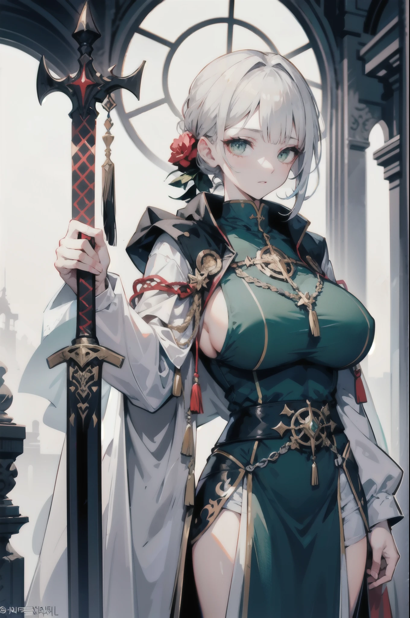 breastplate,article, sacred temple background with shining light ,with shining light,Greatsword,white cloak,Official Art,masterpiece,High quality, emerald eyes , grayish gray hair, Hair tied back, Priest's clothes, holding a sword with both hands, sharp face, Many lips, Expressionless, big boobs, muscles, scar on face, wound, Hair tied back 헤어, medieval fantasy temple background, sharp face, white cloak, white clothes, big boobs, white cloak, gold embroidery , Green order