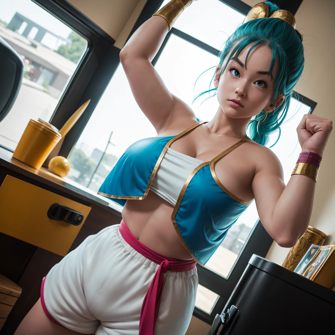 Bulma,( dragon ball\), long hair, one side up, outskirts_Cut, Aqua Hair, blue eyes wristwatch, Pink tube top, neckline,   bare shoulders , strapless,   hair ties  , wristband,  brown shorts , clavicle,   inner room  ,  Curvy young woman ,  big breasts and big butt ,  poses with arms raised at her sides, making a fist ,  showing her armpits