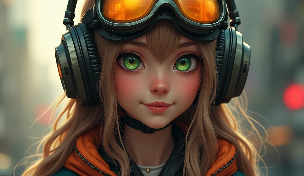 Russian child girl blonde long hair straight, put on headphone jack and change into a cyberpunk yellow coat but do not change the face, yellow background. --auto --s2