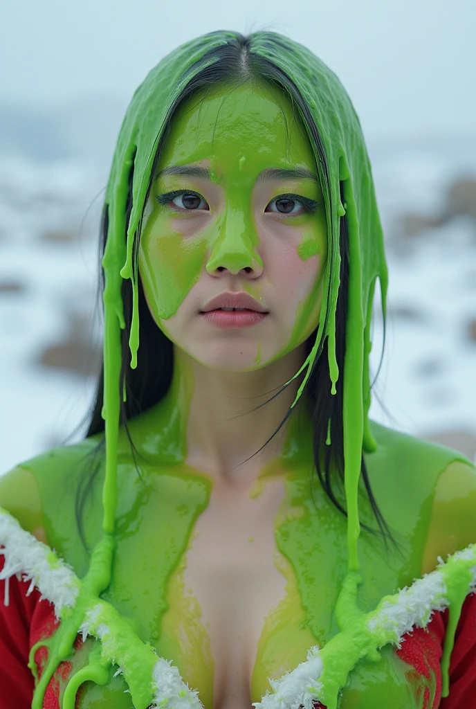 Cinematic photograph of Chinese girl covered in green slime. (Photorealistic: 1.1). Glistening liquid. Green slime. Slime. Wet. Raw photo. Chinese girl. (Chinese: 1.1). Chinese woman. Wearing santa dress. Cleavage. Black hair. Inside jungle. Outside Antarctic. North Pole background. Daytime. Snowing. Portrait photograph. Film photo. Winged black eyeliner. Monolid. Custard. Black eyeshadow. 