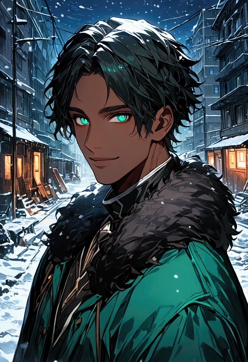 
(foco frontal), (8k, 4k, intricate),(closeup-shot:1), (highly detailed:1.2),(detailed background:1.2, apocalyptic city, snowing winter, apocalyptic background, night time), Masterpiece, best quality, {best quality}, {{masterpiece}}, {highres}, focus, anime style, detailed aqua green eyes, smiling, slight muscular dark skinned male with green and black winter clothing, bear Kemonomini, bear ears, anime guy with a fur-collar jacket on, dark green winter jacket with fur collar, African-American model, close up of an African American man with different colored eyes((looking at the viewer, light blue, handsome face, black hair{{{silver highlights}}}, a black man with short spiky hair bangs,, cel-shaded:17, caleb from critical role, drawn in the style of mark arian, as a dnd character, colored sketch, fanart