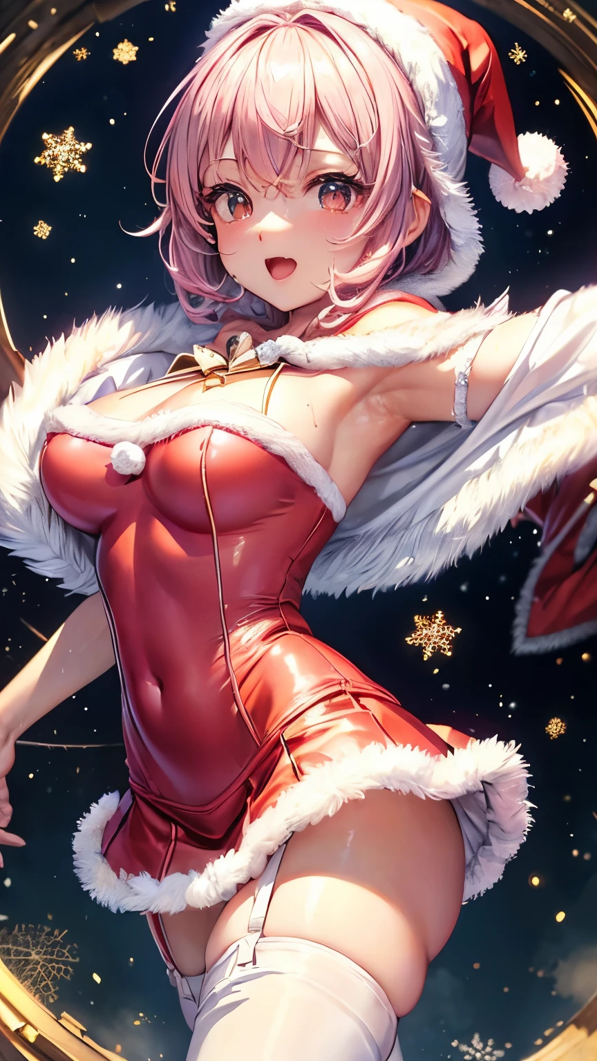 (best quality,4k,8k,highres,masterpiece:1.2),pink hair,Asymmetrical Shorthair,beautiful big breasts,girl's eyes are beautifully detailed and expressive,girl's lips are beautifully detailed,ultra-detailed,realistic,colorful and vibrant,soft natural lighting。Black Bunny Girl。huge smile。T back。focus on hips、zoomed。Show your butthole while facing backwards。Bow with your knees stretched out。
