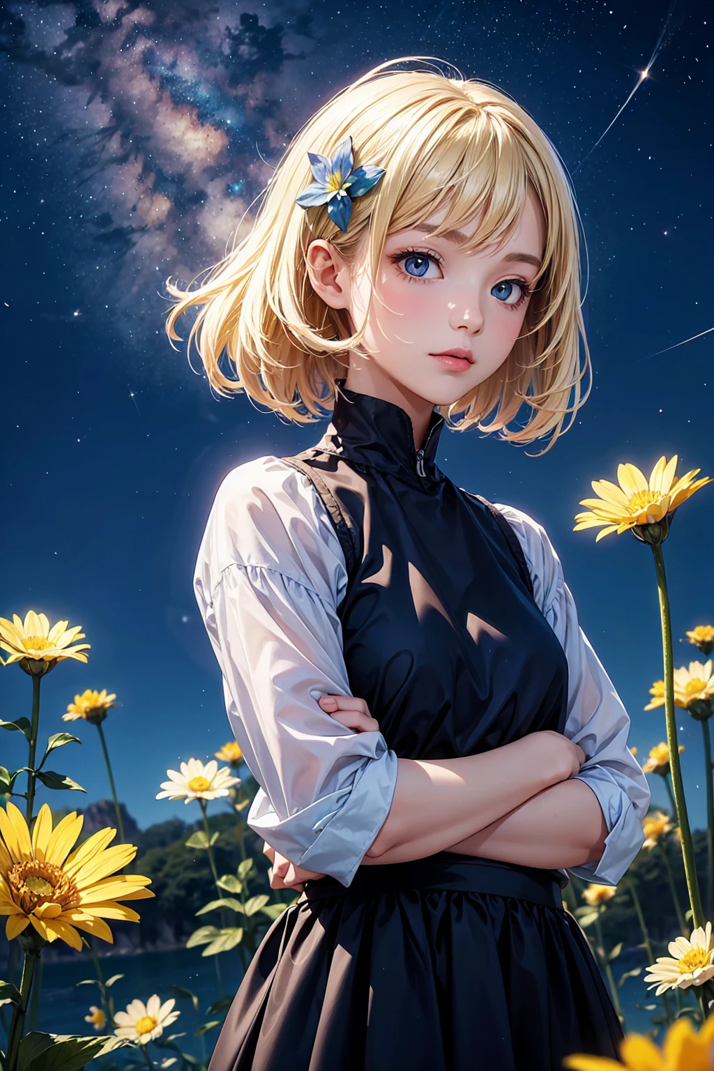 ( top quality,   Masterpiece  ),  1 girl ,  pose, particle, wind, flower,  upper body,  simple background,  watching the audience,  blonde alone, milky way, Midea