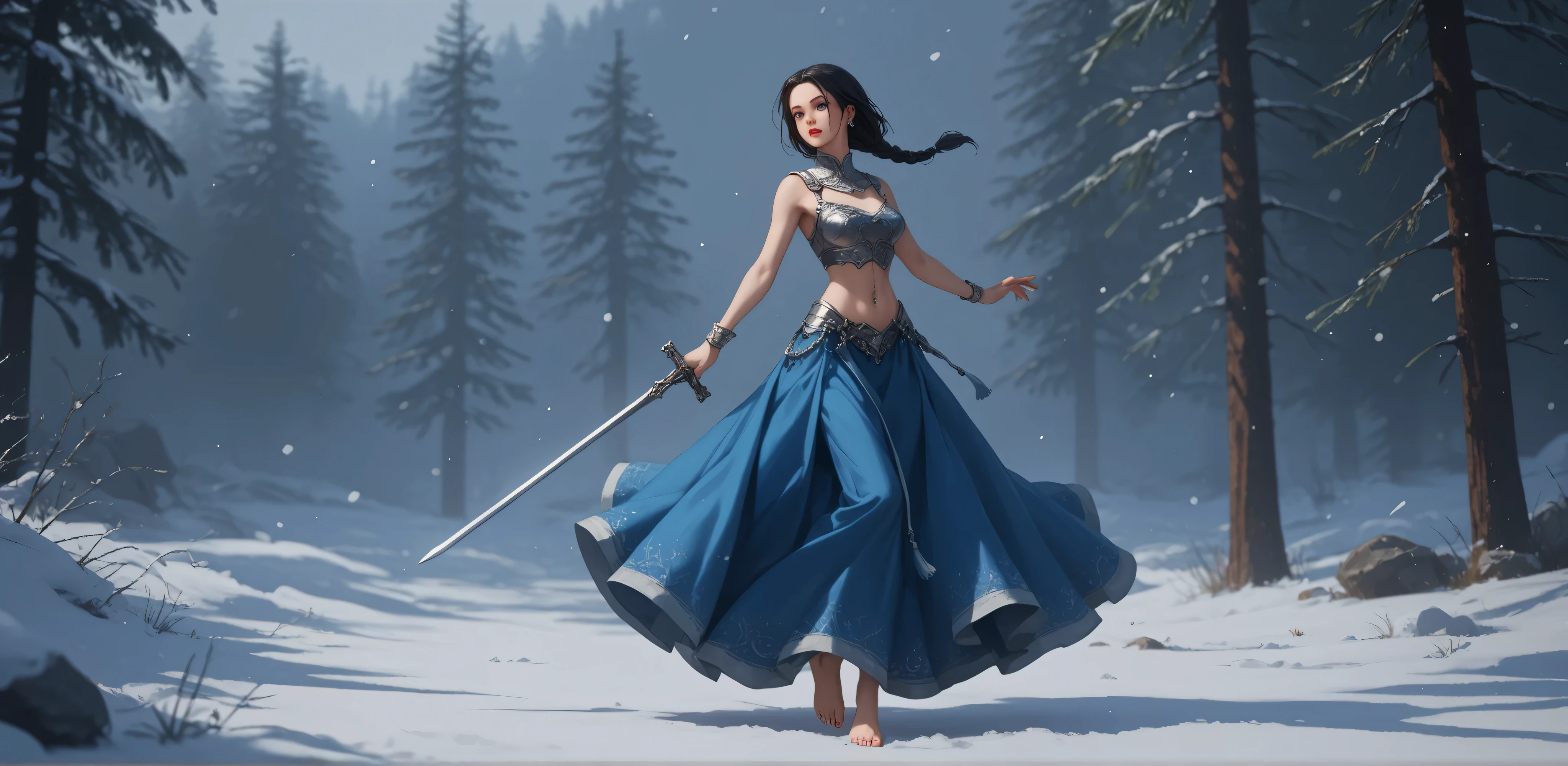 warrior girl, Blue dress, full body , silver collar , earring, silver rings , long straight hair , black hair, braided hair , Depth of Field , pose, high contrast , perfect feet, light skin, best quality , masterpiece , Silver Bracelet, High Definition, red nails, red lips , silver navel piercing , Blue Eyes, pine trees, Over the snow , crucifixo, medium breasts, perfect face, perfect hands, perfect eyes, hairy armpit , armor breastplate, dragon, Silver Sword