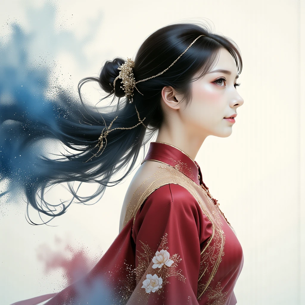 ink wash painting,chinese painting ar-style,side view portrait of a young asian woman, her hair flowing in the blue and colourful wind mixed with mist and dust. A illusionary and hyperrealitical scene of beauty. She is dressed in a wine red long dress with the elegantly intricated, adored.