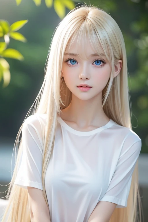  unrivaled beauty , Glowing, firming and radiant skin, Bangs between the eyes,  shiny straight beautiful platinum blonde ,  Super long straight silky hair,  eyeliner,  sexy beautiful innocent  , High definition big beautiful bright blue eyes,  beautiful and lovely girl, Baby Face, Short sleeve shirt