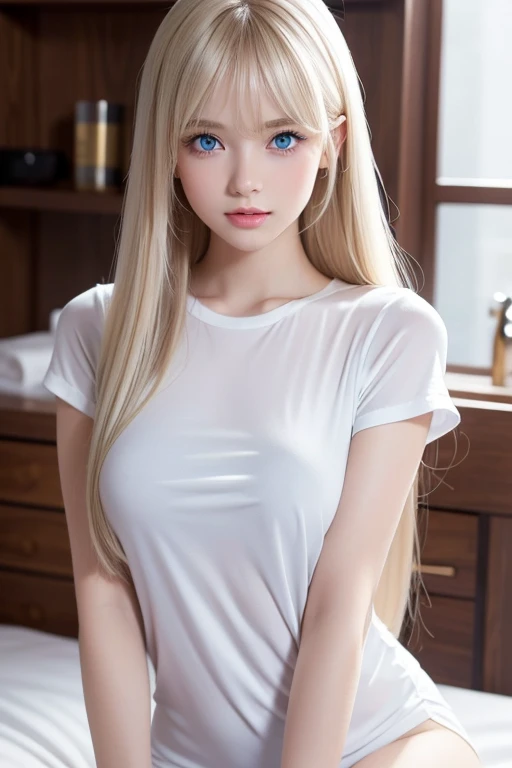  unrivaled beauty , Glowing, firming and radiant skin, Bangs between the eyes,  shiny straight beautiful platinum blonde ,  Super long straight silky hair,  eyeliner,  sexy beautiful innocent  , High definition big beautiful bright blue eyes,  beautiful and lovely girl, Baby Face, Short sleeve shirt