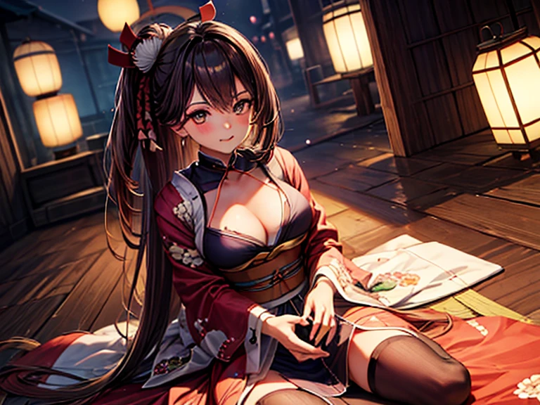 Incredibly beautiful girl, loose straight hair , perfect body, wearing traditional japanese kimono with koifish motif, off the shoulders, ample cleavage, geisha makeup, elements of cyberpunk themes, highest quality, nsfw, stylized art, erotic art, big soft breasts, ecchi, hentai