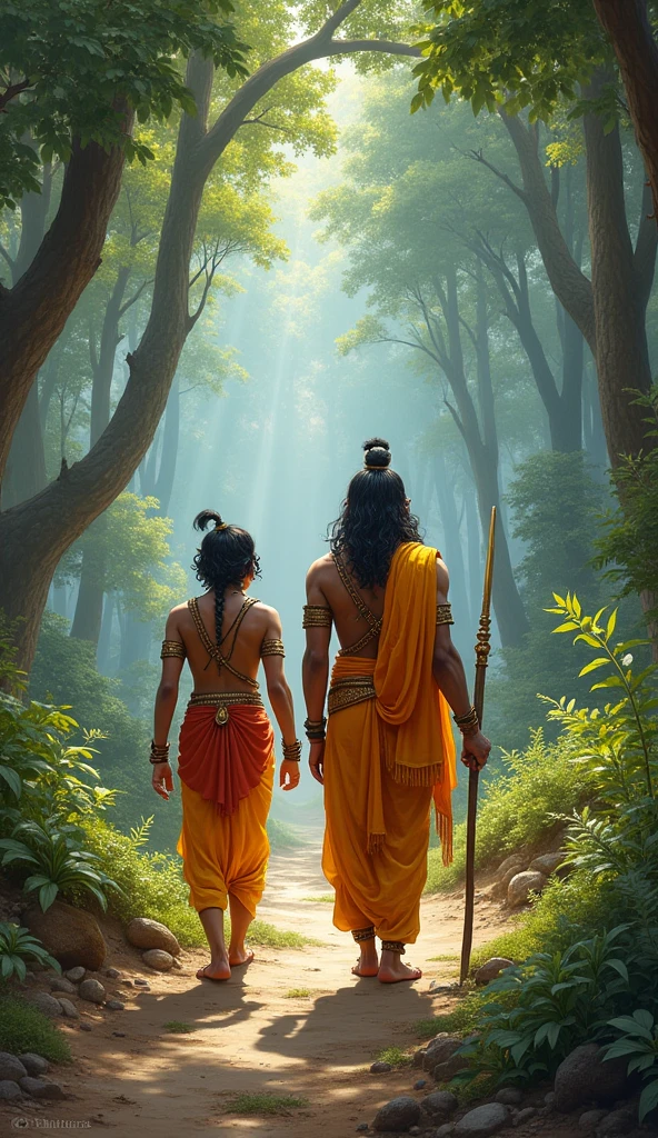 Depict Lord Hanuman and Lord Rama standing in a serene garden filled with vibrant flowers and lush greenery. Lord Hanuman mix monkey face, holding his Gada in one hand, is standing on a large stone. He is facing Lord Rama. Lord Rama, dressed in traditional attire with his bow resting beside him, looks at Hanuman with grace and compassion. The scene is set in the soft glow of a golden sunset, with rays of sunlight filtering through the trees, adding a divine aura to the moment.
