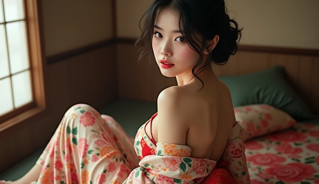 8k masterpiece, 1girl, 2, hair in a loose braid, asian girl, (highly detailed face), highly detailed skin, small breasts, perfect hips, wide hips, round ass, highly detailed skin, slut, anal dildo, sitting on dildo, background: messy bedroom, cinematic lighting, dark lighting, movie still, view from front, (kimono, japanese sandals, high heels, geisha, oiran)