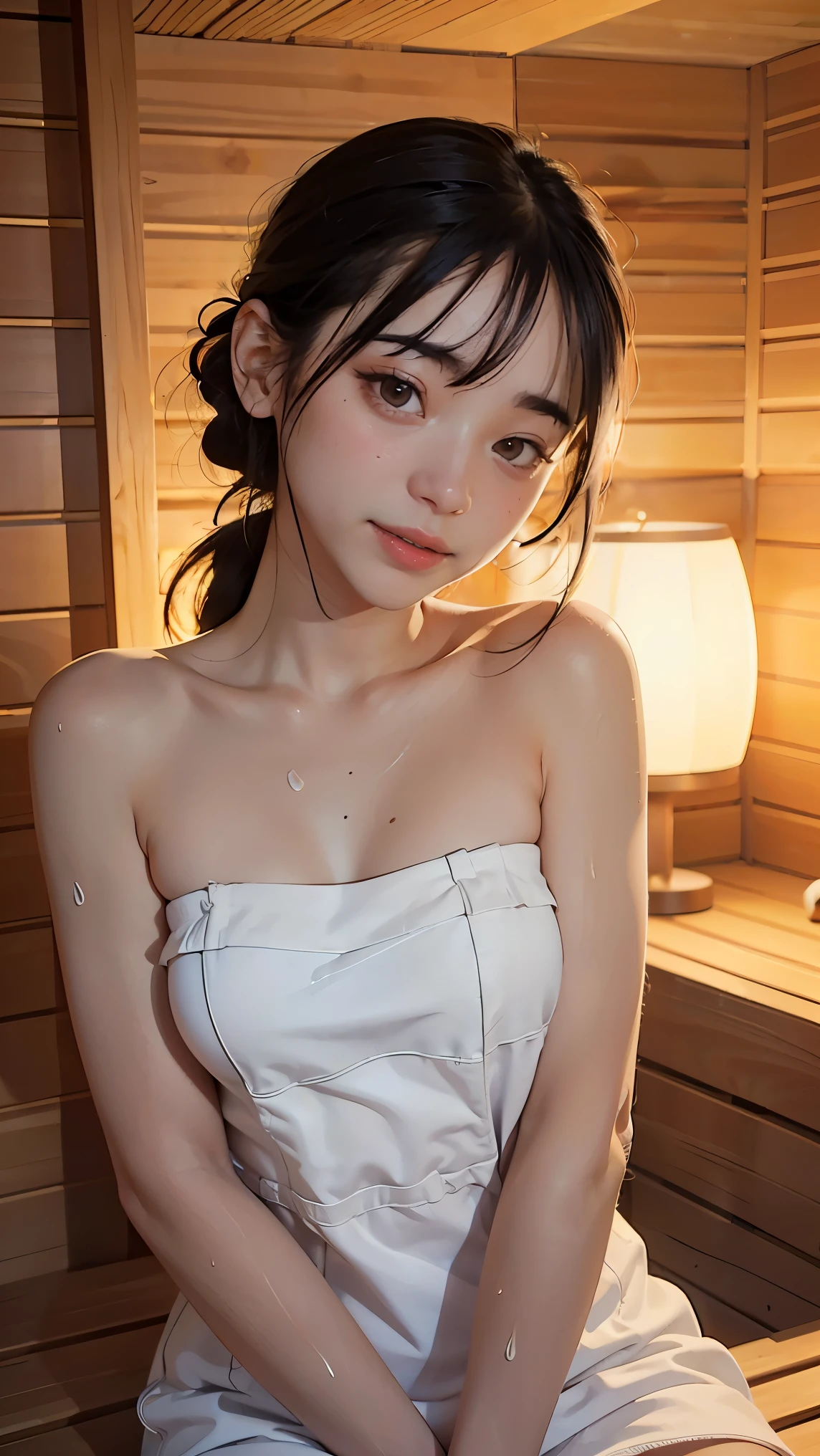 (Highest quality、4K、masterpiece:1.37), (RAW Photos), (8k, RAW photo, best quality, masterpiece:1.37), Ultra detailed face, Detailed lips, Detailed eyes, double eyelid,
12years old, beautiful girl, Japanese Cute Girl, Surreal, 1 Girl, (flat Breasts, Saggy breasts, Lean body:1.3), (tan skin:1.4), (tanlines:1.2),
wet short hair,
Wet and transparent camisole, (wet:1.2),
white bathtub, in the bathroom. in bathtub,
