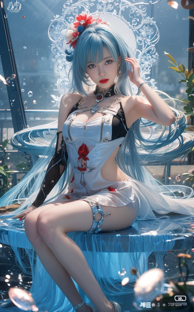 the hair,Nice face,blue bikini armor,Heterochromatic pupil,fully body photo,half moon,under moonlight,(tmasterpiece:1.1),(Best quality:1.1),(HighDynamicRange:1),ambient light,Super quality,( Super detailed original image),(1 Sister, Upper part of the body),((harajuku fashion)),((flower with human eyes, flower eyes)),double contact,A fusion of fluid abstract art,An error occurred,(Original illustration composition),(Limited color mixing, Minimalist art style, butterflys, artistically),